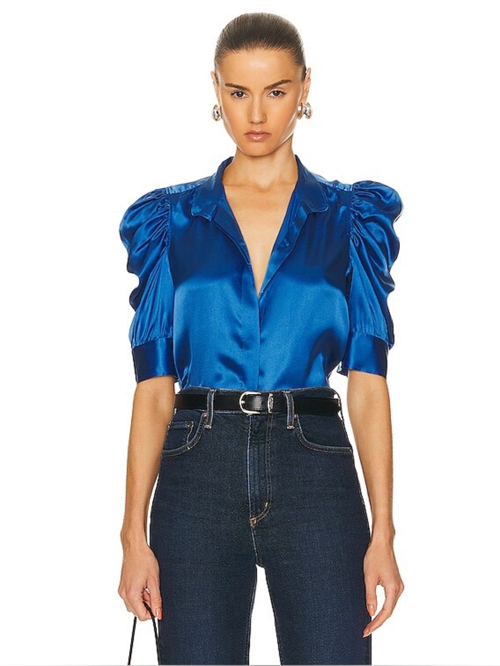 FRAME Women's Blue Silk Puff Sleeve Blouse XS